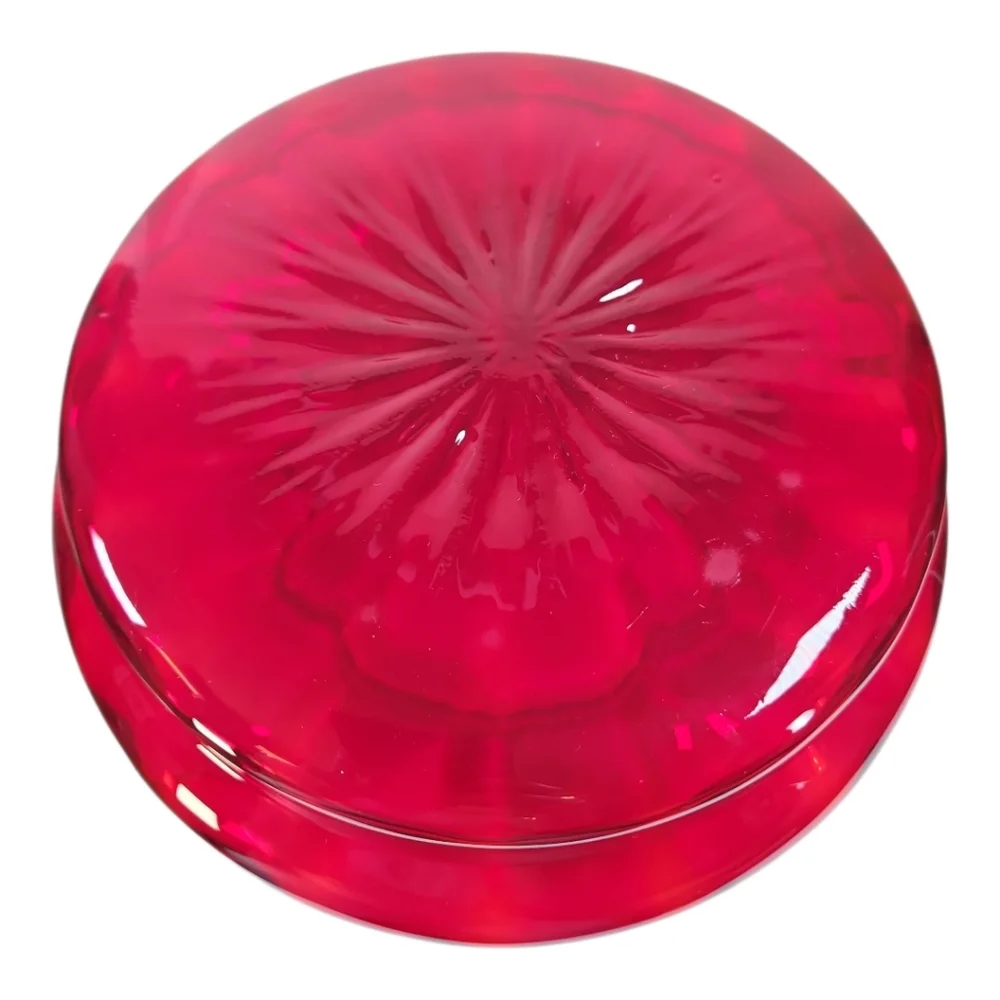 MCM Empoli Art Glass Optic Ruby Red Bowl Vase Lamp Base Scalloped Edge